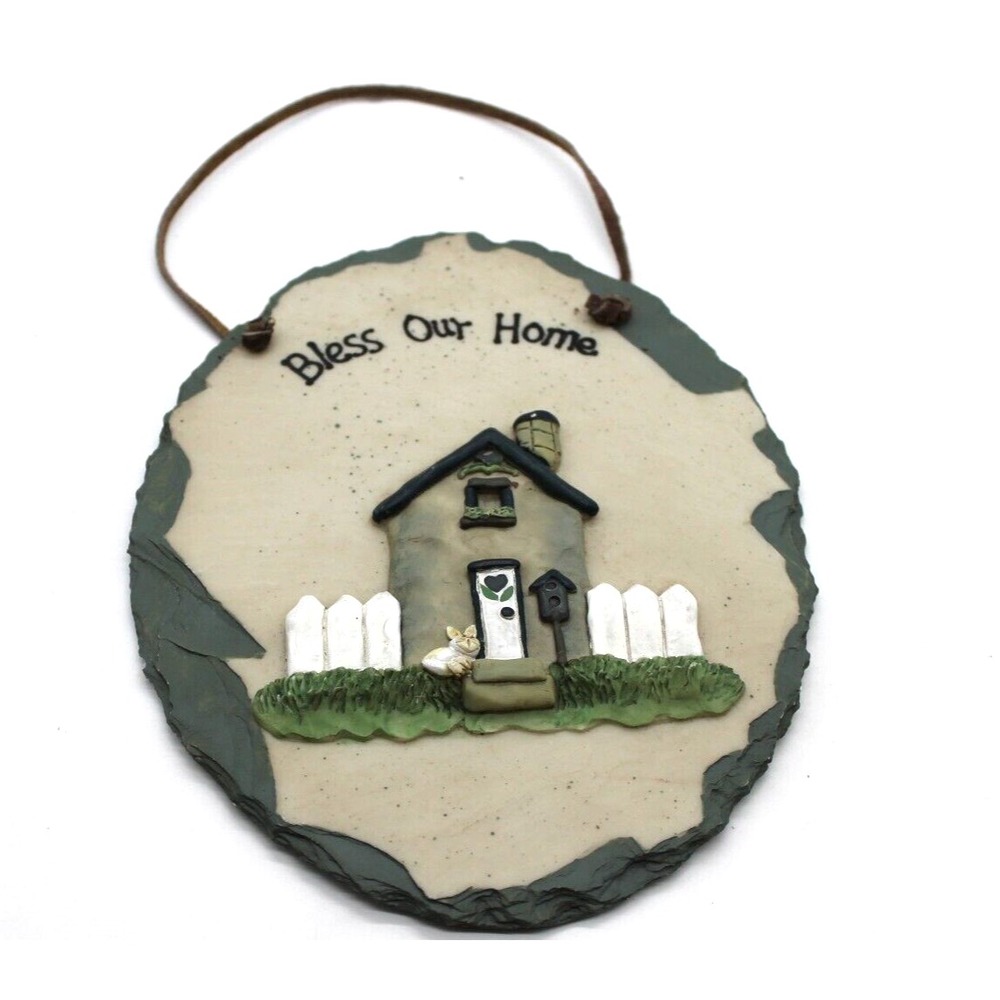 Vintage Bless Our Home Wall Plaque Brand CMI Henton Resin Hanging Leather Strap